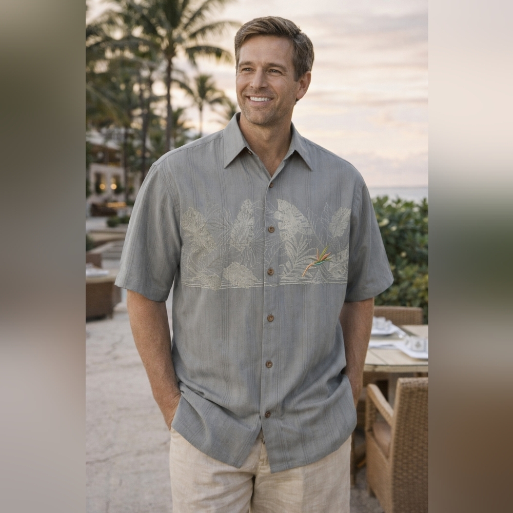 Bamboo Cay XXL Chest Bird of Paradise Embroidered Shirt Gray Short Sleeve